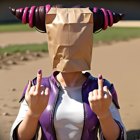 zPDXL2,score_9, score_8_up, score_7_up, score_6_up, score_5_up, score_4_up, solo, outdoors, looking at viewer,1girl, solo, annoyed, angry, rude gesture, middle finger, juri han,  <lora:Paper_Bag_Over_Head:0.8> p4pb4g, paper bag on head, hidden face