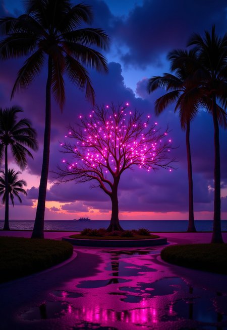 aidmaimageupgrader, they glow at night, a high quality digital image of an intricate miami showdown, plastic dreams