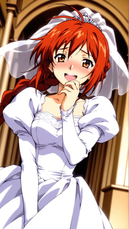 source_anime, general, best quality, masterpiece, 1girl,  <lora:honey_B_ill:1> honey_b\(gbattle\),braid, red hair,long hair,single braid,brown eyes,wedding dress,chapel, laughing, (embarrassed:0.8) , dynamic pose, dutch angle,