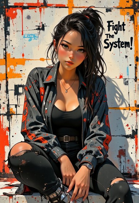 A highly detailed digital painting of a stylish, edgy young woman sitting confidently against a vibrant abstract graffiti-style background. She has a sharp, commanding gaze and sports long, high ponytail hair. Her outfit has a Cyberpunk style that includes a bold patterned leather jacket with red and gray tones, ripped denim jeans, and stylish black-and-white boots giving her a urban streetwear aesthetic. Her pose is casual yet self-assured, leaning forward with a confident grin. She is holding a spray can. The backdrop features a wall with splashes of colorful paint strokes, with the text "Fight The System!" painted on it, complementing the energy of her personality. 