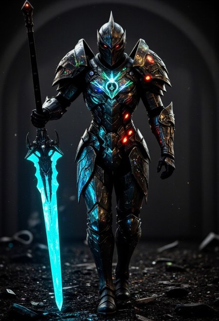 A knight with holographic armor resembling fragmented glass emerges from an ancient stardust crypt on a shattered asteroid. The armor refracts intense neon blue, green, and orange, and its design curves like flowing water, with sharp-edged pauldrons and a crescent-shaped helm glowing faintly in the vacuum of space.
In their hand, the knight carries a massive glaive that emanates holographic fire, casting flickering light over the alien glyphs etched into the walls. The scene is silent but foreboding—floating debris from the destroyed asteroid forms a jagged halo in the distance, while faint red lights on the knight's chestpiece pulse ominously, signaling that their enemies are near. A swarm of glowing, serpentine drones begins to emerge from the darkness, but the knight stands resolute, the glaive's edge crackling with radiant power.