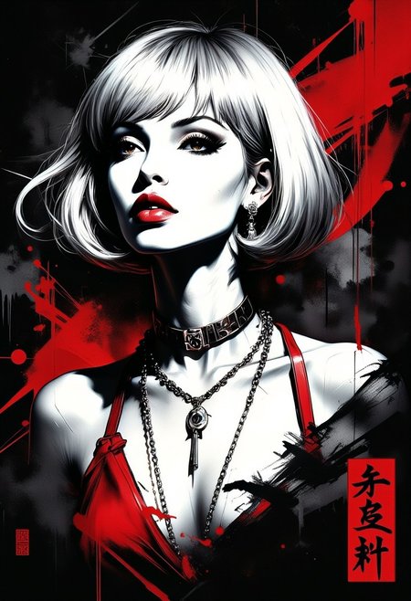 Silhouette Art, magnificent, dark background, inksplash portrait of stunning oriental woman, straight-cut bob, silver hair, earrings, necklaces, choker, seductive, sultry, lustful, red lips, make-up, direct gaze, light hitting one side of face, Japanese kanji