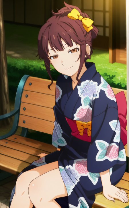 masterpiece, best quality, highres, newest, 1girl, solo, official style, anime screencap, <lora:IL_Oikawa_Nazuna:1>, nazuna, brown hair, brown eyes, hair_bow, japanese clothes, dark blue yukata, sitting on bench, smile, outdoor, looking at viewer, narrowed eyes