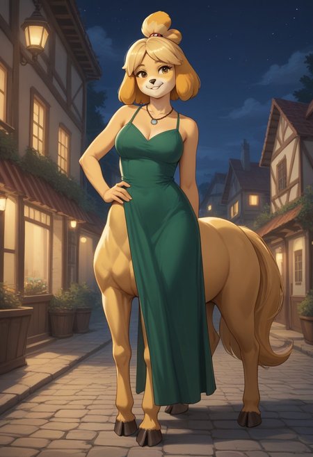 score_9,score_8_up,score_7_up,score_6_up,score_5_up,score_4_up, BREAK Isabelle, centaur, solo, smile, village, night, hooves, yellow horse tail, swept bangs, yellow fur, green dress, eyelashes, romantic, full body, hand on hip, ((furry, dog)), necklace