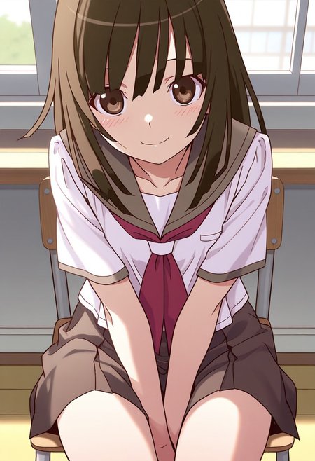 <lora:illustrious_XL_nadeko:0.9>,nadeko,masterpiece,best quality,good quality,1girl,solo,long hair,long bangs,school_uniform,sailor,day,indoor,classroom,v_arms,sitting_on_chair,smile,light_blush,