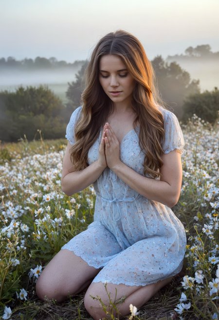 sdxl_simonejoruk, kneeling in a flower field with hands clasped in prayer, soft wind moving her hair, gentle morning mist and pale blue sky, expression of hope and peace, warm natural lighting and cinematic calm