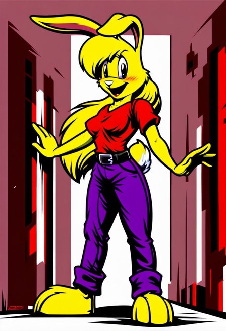 score_9, score_8_up, score_7_up, score_6_up, score_5_up, score_4_up, retro artstyle, BREAK 
LoriJackRabbitPXL, rabbit girl,long yellow hair,yellow skin,1girl, solo,rabbit tail,yellow skin, animal ears, pants, black eyes, colored skin,rabbit ears,long yellow hair, belt, smile, shirt, black belt, open mouth, looking at viewer,rabbit girl,rabbit tail, full body, breasts, standing, furry female, blush, red shirt,purple pants, :d, indoors,barefoot,furry, midriff peek
<lora:lorijackrabbit-v1:0.9>