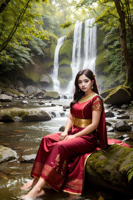 (portrait:1.2), beautiful girl, age 30, (wearing traditional makassar outfit dress:1.1), indonesian, taking a bath in the river, sunset, afternoon, forest, river, waterfall, stones, falling leaves, (4K, 8K, ultra realistic, photography, detailed and background:1.2),