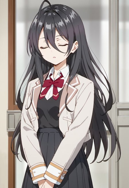 score_9, score_8_up, score_7_up, source_anime, ayano kimishima, long hair, black hair, hair between eyes, purple eyes, 1girl, solo, closed eyes, ahoge, school uniform, jacket, bow, skirt, red bow, bowtie, long sleeves, white jacket