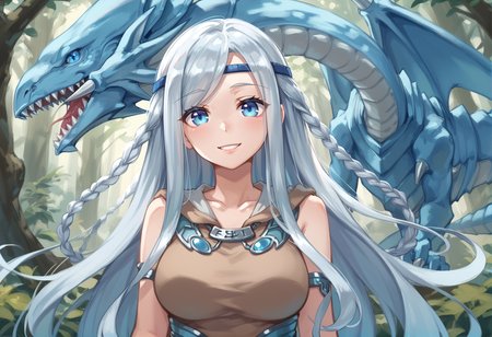 (score_9:0.9),score_8_up,score_7_up,rating_explicit,(zPDXL),(zPDXL3),
<lora:Maiden with Eyes of Blue PonyXL v1.2:0.71>,forest,maiden with eyes of blue,1girl,dragon,smile,looking at viewer,brown dress,solo,upper body,blue eyes white dragon,blue circlet,silver bracelet,