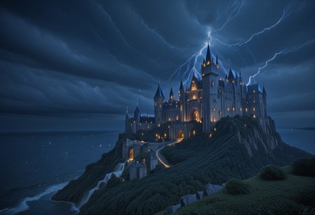 masterpiece,best quality,amazing quality,very aesthetic,high resolution,ultra-detailed,absurdres,newest, outdoors, mw01out, mwl01, castle, castle on the edge of a cliff, white walls, purple turrets, nighttime, night, thunderstorm in the distance, thunderclouds, overlooking the ocean, stormy