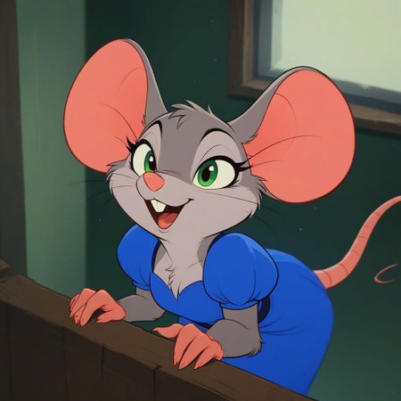 score_9, score_8_up, score_8, solo, (fluffy:0.8), (feral), indoors, furry, (((mouse))), (fluffy cheeks:0.7), (upper body shot), j_cartoon, 1/3_front, upper_3/4, talking, high angle view, (smiling:0.5), seductive, talk, female, green eyes, grey fur, blue dress