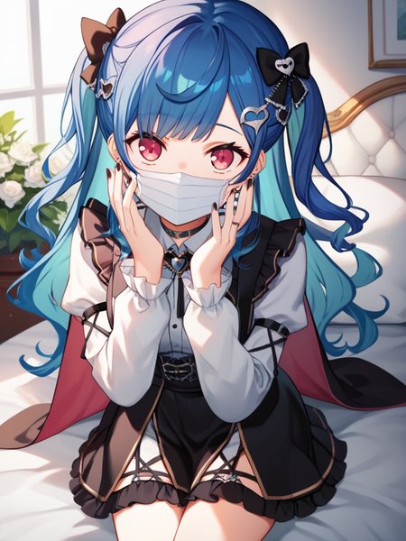 <lora:Chigusa NishizonoPDXL_v1:1>Chigusa NishizonoPDXL, 1girl, virtual youtuber, solo, mouth mask, mask, black bow, shirt, jirai kei,bangs, skirt, looking at viewer, black skirt, bow, score_9, score_8_up, score_7_up, score_6_up, score_5_up, score_4_up,