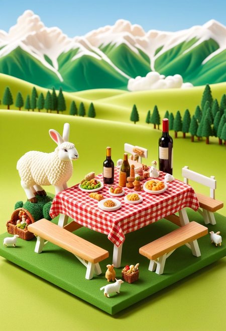 ispzxll, diorama, isometric, miniature, fluffy clouds, big open field, food on table, rabbits, sheep, cow, green grass, snow capped mountains, valley, picnic table, table, trees, wine bottle, checkered tablecloth, picnic