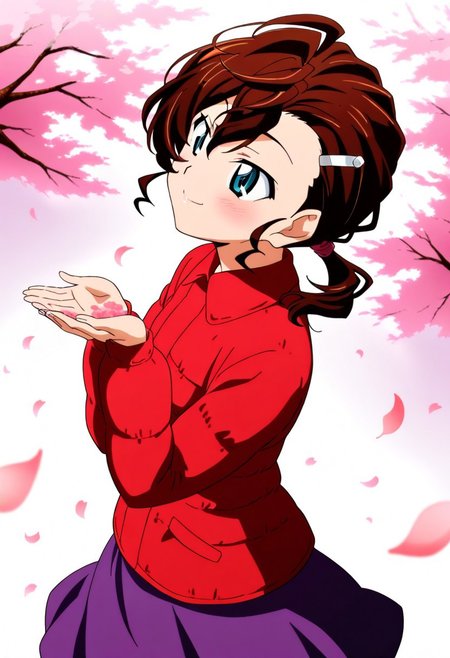 1girl,Inuyama Mana,GeGeGe no Kitarou,year 2019,solo,Exquisite cherry blossom garden in full bloom,cherry blossom petals are falling,looking up,warm smile,cupping hands,blue eyes,(lavenderblush skirt:1.5),1 hair tie,crimson (Down jacket:1.3),(Placket jacket:1.3),(single hair intake:1.5),wavy hair,swept bangs and (hair pulled back:1.2),hair between eyes,(low ponytail),Ahoge,(Brown:1.5) medium hair,sideburns,pantyhose,1 silver hairpin,masterpiece, best quality, very aesthetic, absurdres,perfect