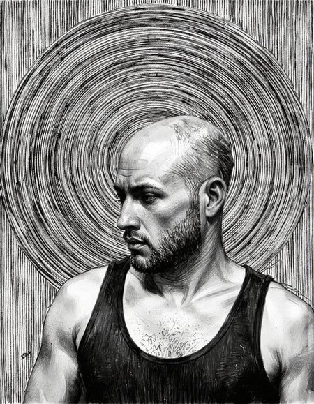 By Craig Hanna. A black and white, semi-realistic portrait of a man with a bald head and a beard, depicted in a realistic style with a focus on texture and shading. the man, who appears to be in his mid-twenties, has a serious expression and is wearing a sleeveless tank top. he is positioned in the middle of the image, facing slightly to the right, with his upper body visible. the background is a textured, striped pattern with a circular pattern that creates a sense of depth and dimension. the image is a close-up, focusing on the man's face and upper body, showcasing his facial features and the texture of his clothing. the artist's signature is visible in the bottom right corner, adding a touch of professionalism to the overall composition.