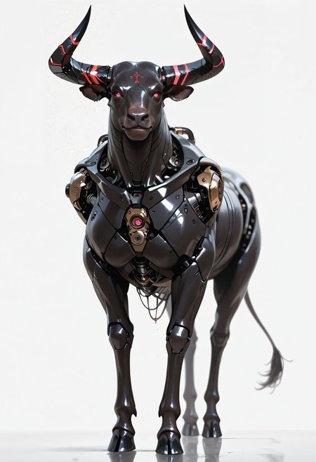 masterpiece, best quality,  very aesthetic, absurdres, newest, depth of field,realistic, goth girl  <lora:gothic_niji_style_ilxl_goofy:0.8>
bull, glowing horns, hooves, horns, no humans, simple background, white background ,cyborg, mechanical parts, metal, robotics