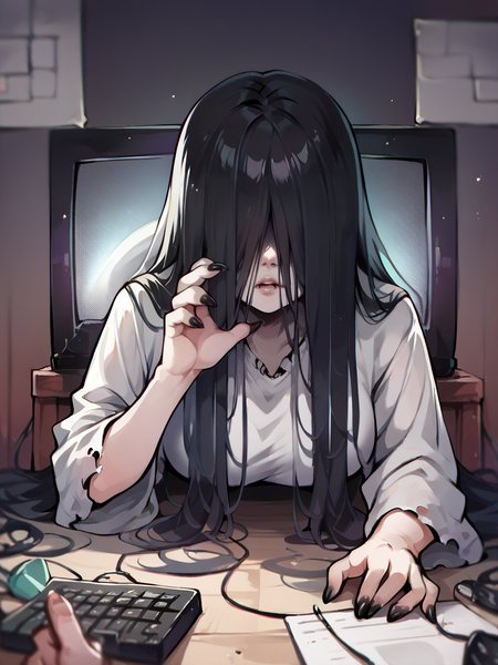 score_9, score_8_up, score_7_up, score_6_up, score_5_up,   <lora:throughscreenXLP:1> through screen, 1girl, long hair, black hair, hair over eyes, black nails,