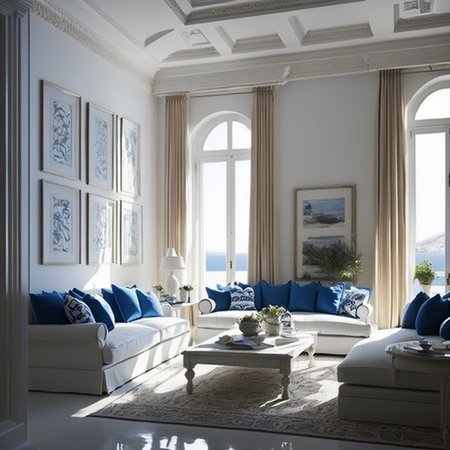 <lyco:Greek_style_interior_design_Sa_May:1.0>  Greek style interior design of living room