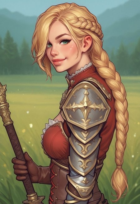 1girl, (((side view))), illustration, looking at viewer, highly detailed, from front,1girl, looking at viewer, highly detailed, skinny, looking at viewer, 1girl, masterpiece, best quality, full body portrait, 1girl, <lora:agrias-nvwls-v3:1> agrias, armor, corset, dark red dress, brown gloves, weapon, cross-laced boots, looking at viewer, sidelocks, braided ponytail, light green eyes, Romance, sci-fi, artificial intelligence, highly detailed
BREAK 
slight smile, looking at viewer, 
BREAK 
long hair, blonde hair, hair over one eye, big hair, 
BREAK 
best quality, depth of field, bokeh, (((full clothed)))  (best quality, high detail), ((masterpiece)), <lora:1_ino_20e:1>
BREAK 
((((((field, mill)))))) score_9, score_8_up, score_7_up, score_6_up, source_cartoon, rating_explicit, Expressiveh, (((((upper body))))), dynamic pose