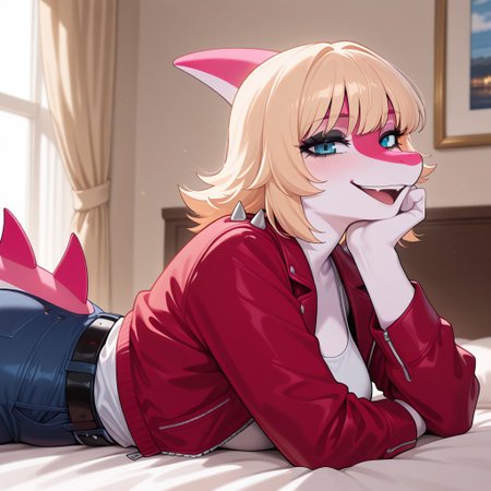 1girl, highres, absurdres, newest, masterpiece, best quality, furry, furry_female, Mia_iwhtg, parasaurolophus girl, white skin, pink head crest, two-tone face, black eyeliner, blonde hair, short hair, pink snout, snout, tail, pink tail spikes, pink tail, two-tone tail, blue eyes, anthro, 1girl, red jacket, white tank top, black belt, ripped blue jeans,  detailed eyes, (hand on chin, on_stomach:1.1), open_mouth, open mouth smile, luxurious detailed room, bright room, day scene, professional lighting, white bed, solo, bedroom, smiling, seductive, looking_at_viewer, masterpiece, close up, safe