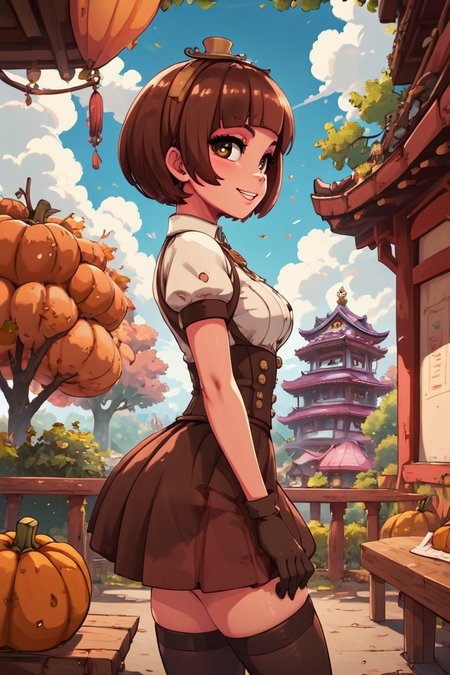 score_9, score_8_up, score_8, medium breasts, (curvy), cute, eyelashes,       BREAK, , ,,, zzPmpknGrl, brown eyes, short hair, brown hair, blunt bangs,  gloves, thighhighs, short sleeves, pumpkin, shirt, standing, white shirt, <lora:PumpkinGirl_Masashi_PDXL:0.8>,   ,,, , BREAK, sitting on bench, side view, smile, looking at viewer, cowboy shot,  ,,, BREAK, pnkBldng, sky, day, cloud, tree, blue sky, building, architecture, east asian architecture,  ,,, BREAK, embedding:zPDXL, Expressiveh,  ,,, <lora:PinkBuildingsPDXL_v2:0.6>, <lora:SDXLFaeTastic2400:0.5>, <lora:Expressive_H-000001:0.4>