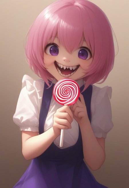 CivChan, purple eyes, pink hair,
(licking a giant lollipop made from teeth, made_from_teef:1.5)