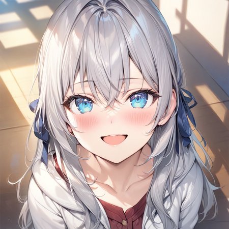 (masterpiece),(best quality),(ultra-detailed),(best illustration),(best shadow),(absurdres),(detailed background),(very aesthetic), alya(roshidere), 1girl, blue eyes, solo, looking at viewer, smile, long hair, hair ribbon, ribbon, blush, hair between eyes,  bangs, grey hair, collarbone, open mouth<lora:XL-Alya(roshidere):1>