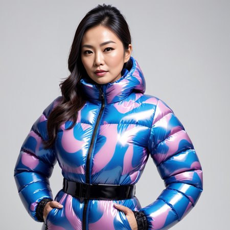 one asian middle aged women wearing aAbstract prints   latex downsuit puffer_downsuit , hyperdetailed photography,4k textures,intricate details,4k resolution,  <lora:puffer_downsuit_v1:0.4>
