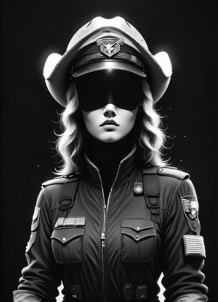 DonMD4t4D3ns1tyXL,score_9, score_8_up, score_7_up, score_6_up, female sontaran humanoid, ai rights advocate,ranger,dot art, data density, monochrome , rating_safe <lora:DonMD4t4D3ns1tyXL-pony:0.8>
