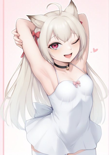 1girl, mikazuki silvi, by kodoto, ahoge, armpits, arms behind head, arms up, bird, breasts, choker, dress, hair ribbon, heart, heart in eye, looking at viewer, one eye closed, open mouth, owl, owl ears, owl girl, ribbon, small breasts, solo, stretching, symbol in eye, teeth, thighhighs, upper teeth only, white dress, white thighhighs, 
 zPDXL3, <lora:enryuããããã:1>