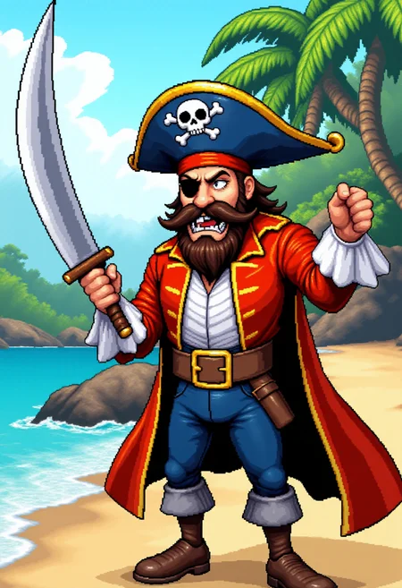 <lora:KFT_2d_Pixel_Style_FLUX-000017:1>
The image is a vibrant kftpxl pixel art illustration featuring    a pirate captain wielding a cutlass