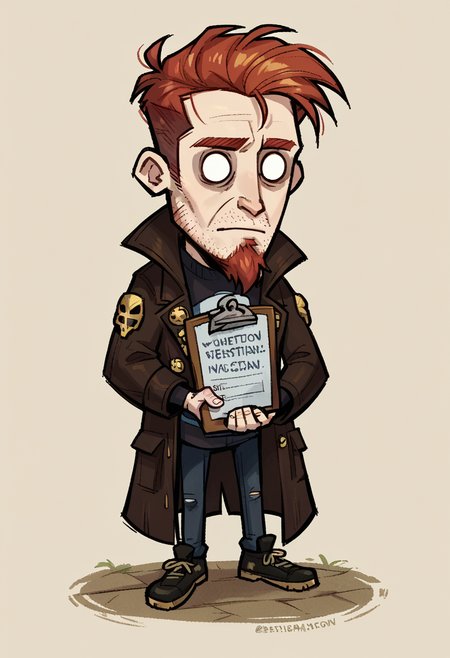 score_9, score_8_up, score_7_up, score_6_up,
1boy, solo, close up,
sulfs-p2d00d, beard, goatee, red hair, coat, shirt, pants, shoes, clipboard,
chibi:0.7, dontstarvestyle, muted colors, blank eyes, no pupils,
<lora:Postal_Dude_Clothings__Character_Postal_2:0.8>  <lora:DontStarveStyle_Pony_V2_con_b2_32:0.85>