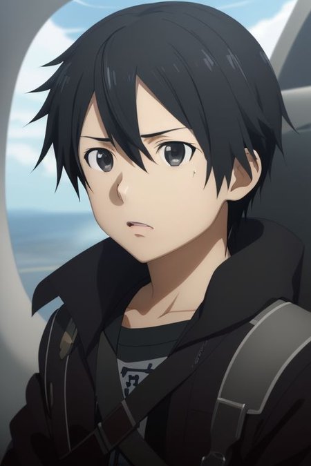 high resolution, solo, best quality, 1Boy, Kazuto Kirigaya, portraits, Black Hair, Black Eyes, dystopia, Plane Crash, OverallDetail