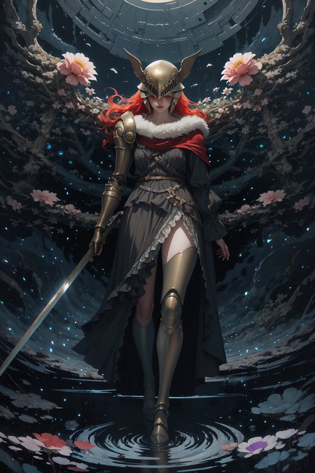 High Quality, Masterpiece, <lora:AnzhcDreamwave v3_1 watermark fix:1>, anzhcdreamwave, aesthetic, 8k unreal engine photorealism, ethereal lighting, purple, nighttime, darkness, surreal art, fantasy, glowing, 1girl, prothestic leg, single mechanical arm, prosthesis, MaleniaDef, armor, cape, helmet, brown dress, <lora:MaleniaV2:1>, sword, holding sword, full body, wide shot, flower, water, solo, sunset, night, (dark environment), Merge contrasting colors with strong brushstrokes, creating a collision of chaotic color forms and energetic interactions on the canvas,