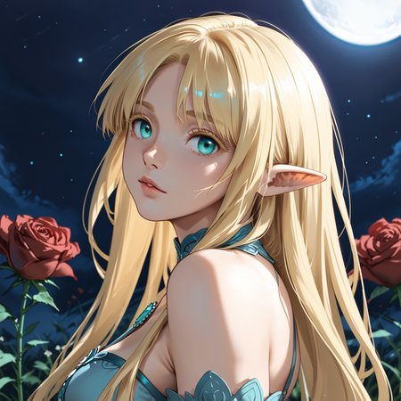 score_9, score_8_up, score_7_up, score_6_up, outside, flower field, rolling hills, dusk, setting sun, twilight, closeup, warm lighting, soft shadows, detailed_eye_model, ExpressiveH
<break>
1girl, from side, looking at viewer, looking to the side, blonde hair, thick eyelashes, long hair, night, night sky, dress, moon, upper body, kneeling, elf girl, red rose, flowers, blue aqua teal eyes, lips