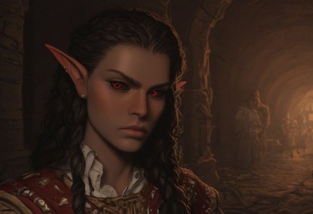 solo, short pointy ears, piercings, random elf face, aquiline features, male dark elf, masculine, beard, weathered skin, large nose, athletic build,  animated realism, zoomed out, Syrian features, torso, brass pipes and gears, intricate architecture, dwarven masonry, dwemer fixtures, white-green light, gloomy lighting, ancient ruins, interior, stone tiled floor, grey-blue skin, mahogany and ivory clothes, medium armor, bone plate armor, ivory straps and fittings, grey wood neckguard, dark red sclera, black pupils, distant mushroom forest, blue-green light, neon, highly detailed, defined features, looking at viewer, three quarters view, from front, dynamic lighting, 36 years old, light and shadows, patterned cloth, annoyed expression, expressive eyes, detailed medieval clothes, long hair, wavy hair, thick hair, beaded hair, braided hair, under cut hair, semirealistic, alien elf, spanish features, jewish features, black hair, dark red hair, umber skin, sharp features, pastel green berber print cloak, nighttime, high detail, absurdres, pretty eyes, detailed eyes, red eyes,