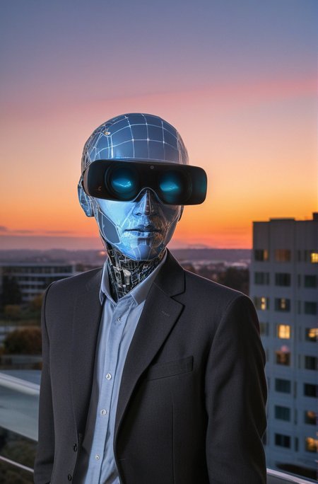 ((Introduce quality iteratively))((analog lifestyle sunset photo at Googleplex with virtual human digital twin ai agent life coach lifelong mentor which continuously collects and machine learns all recorded sensor data about you from conversation to geolocation to browsing to photographic and lidar to biological to associations to financial))((knows you objectively better with more data based than you know yourself)) (evocative depth of field)(iterative sharpness)(panopticon black point)(art of evil genius)(machine learning gradients)((individual  data model hues))((inescapable corners vignette))
<lora:LCM-LoRA-XL_V1:0.21>
<lora:SDXLHighDetail_v5:0.3>