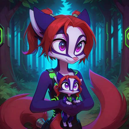 Dreamkeepers,Indi_and_Digo,1girl,solo,furry,tail,source_furry,,red hair,purple fur, purple eyes,
masterpiece, child, kid, 
holding a fox, neon circuitry, nature, forest, best quality, amazing quality, very aesthetic, absurdres, detailed eyes, newest, pinkneoncybercore, <lora:PinkieNeonCybercoreIL:1>,
