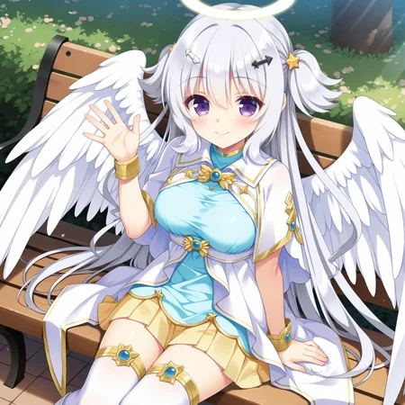 <lora:tenshi_chan_1_nai-000046:1>,tenshi chan,long hair,white hair,purple eyes,medium breasts,
two side up,arrow hair ornament,star hair ornament,hairclip,
cosplay,white footwear,white wings,feathered wings,halo,boots,angel,pleated dress,angel wings,white capelet,light blue dress,yellow skirt,gold trim,short sleeves,white dress,
1girl,solo,smile,sitting,on bench,waving,front view,looking at viewer,
