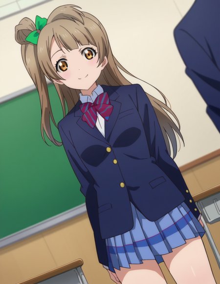 score_9, score_8_up, score_7_up, source_anime,
kotoriminami, <lora:kotori-minami-s1-ponyxl-lora-nochekaiser:1>,
kotori minami, brown hair, brown eyes, one side up, hair ribbon, ribbon, long hair,
blazer, blue skirt, jacket, otonokizaka school uniform, pleated skirt, school uniform, winter uniform,
indoors, classroom, smile,
looking at viewer, dutch angle, cowboy shot,
