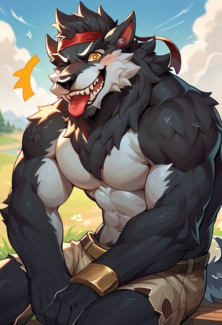 score_9, score_8_up,  score_7_up, (male:1.2), solo, furry, anthro, canine, (muscular:0.3), bara, shirtless, black fur, yellow eyes, topless, blush, smiling, happy, looking at viewer, cute:1.2, sitting, tailwag, wink, grin, tongue out, <lora:Dire_Fortnite:1>, dire, fortnite, werewolf