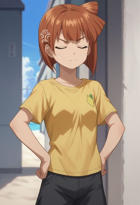 score_9, score_8_up, score_7_up, source_anime, 
eiko, 1girl, solo, shorts, short, hair, shirt, day side ponytail, yellow shirt, brown hair, bob cut, bangs, upper body, hands on hips, eyes closed, anger vein,
outdoor,