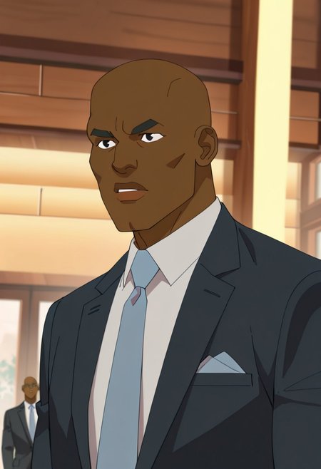 masterpiece, best quality, newest, absurdres, highres, Invincible-show-style-INVPACK.V1.0,
1boy, Titan-INVPACK.V1.0, dark-skinned male, dark skinned, african, african male, bald, black eyes, suit, formal, necktie,