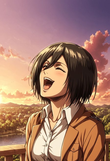 1girl,mikasa ackermann, beautiful face, detailed eyes, detailed face, laughing, outside sunset