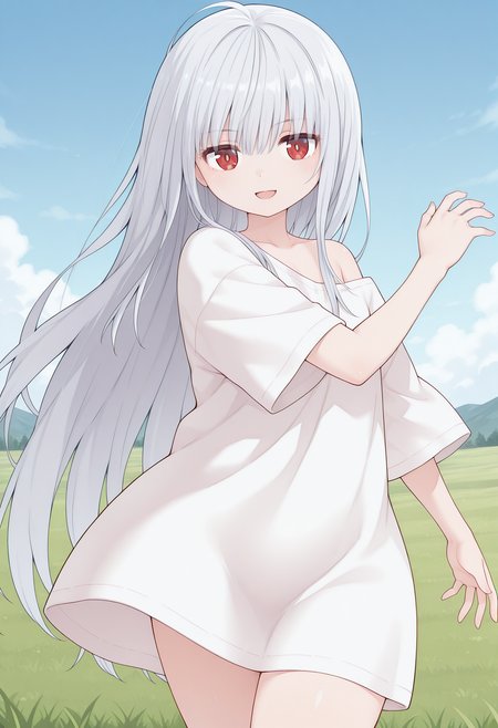 maisora_angel, red eyes, grey hair, long hair, very long hair, bangs, off shoulder, t-shirt, white shirt, oversized clothes, oversized shirt, <lora:maisora_angel_illustrious_ver1:0.8> 
smile, open mouth,, masterpiece, best quality, sensitive,, 1girl, solo, blue sky, (grasslands:1.2), looking at viewer,, (cowboy shot, dynamic pose:1.4),