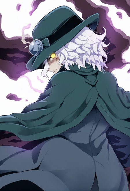 masterpiece, hyper detailed, best quality,(furry:1.3),edmond dantes \(fate\), 1boy, solo, male focus, hat, yellow eyes, looking back, white hair, looking at viewer, cloak, from behind, cape, simple background, white background, glowing, wavy hair, aura  ,<lora:DAGASIXLlokr8f-000188:0.95>