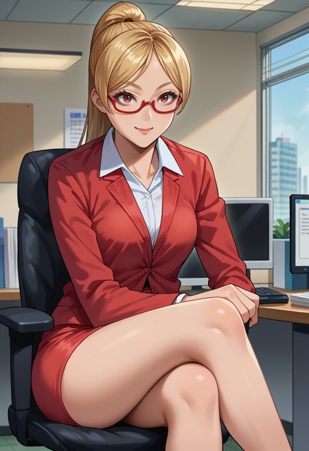 score_9, score_8_up, source_anime, 1girl, solo, KaedeAkiyama, long hair, ponytail, glasses, office lady, red skirt suit, red skirt, sitting, indoors, crossed legs, smile, <lora:ChamKaedeAkiyamaPonyXL:1>