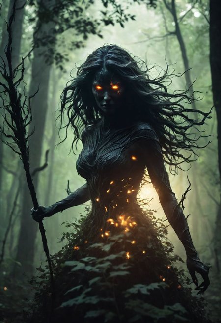 Silhouettes of dark ghostly woman. Capture the essence of Nature's mystical beings She stands ready to fight intruders. long hair. Glowing eyes. Glowing spear. Forest color palette. Light armor made of roots and  leaf. Realistic. DEVIL SPAWN. Cinematic lighting, Volumetric lighting, Epic composition, Photorealism, Bokeh blur