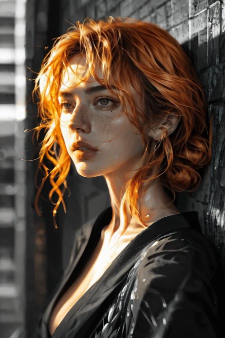 score_9_up, score_8_up, score_7_up, ADDBASE Realistic, hyper-realistic, hyperrealistic, portrait, 
sidewalk, skyline, Tokio, bookeh, dynamic angle, leaning at wall, thinking,
beautiful woman, long vibrant orange hair with soft, loose wavy hair, warm copper and tangerine tones adding depth, gentle face-framing layers for a playful touch, subtle shine enhancing the rich color, creating a bold and lively look, mole, smooth skin, round breasts, layered kimono, black kimono, floral printed kimono,
natural lighting, film grain, sunset, golden hour,
  <lora:MJFL_Portrait_Style__Pony:0.8>  monochrome, greyscale, colored, selective red color <lora:Smudge:1> smudgy,